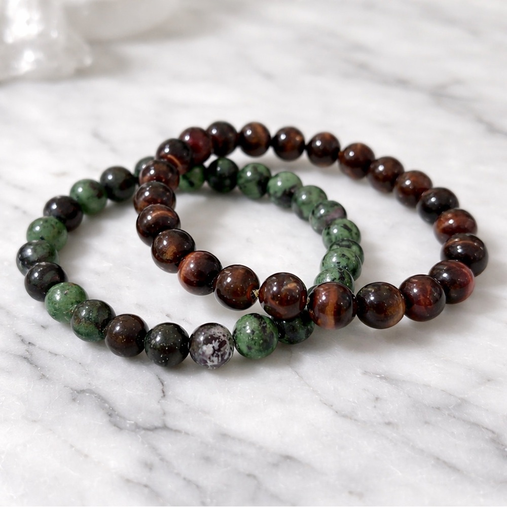 Tiger Eye & Ruby Zoisite Green Crystal Bead Stretch Bracelet Set of 2